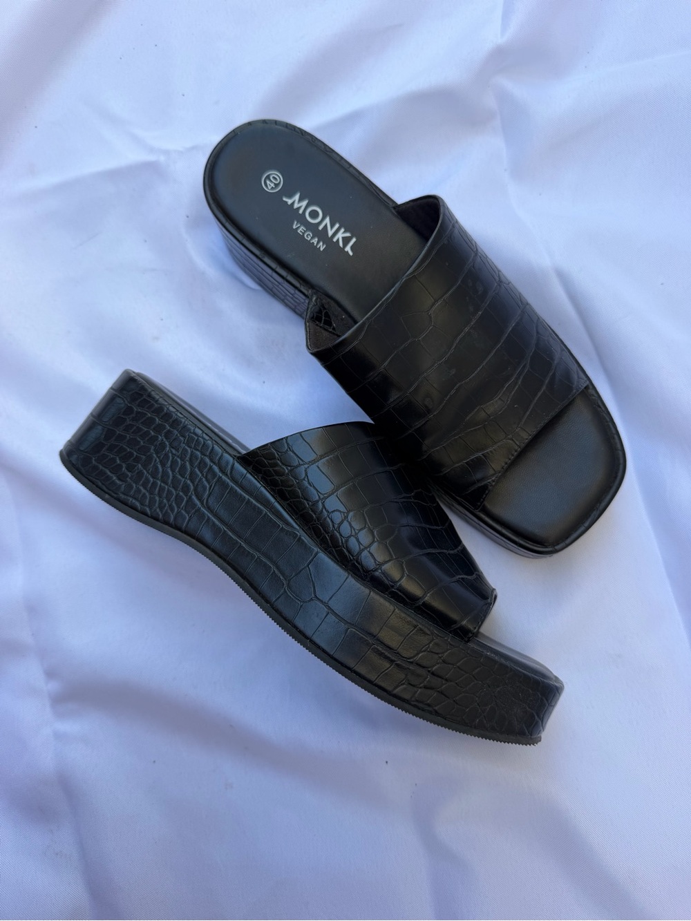 Monki Black Croc-Embossed Platform Slide Sandals